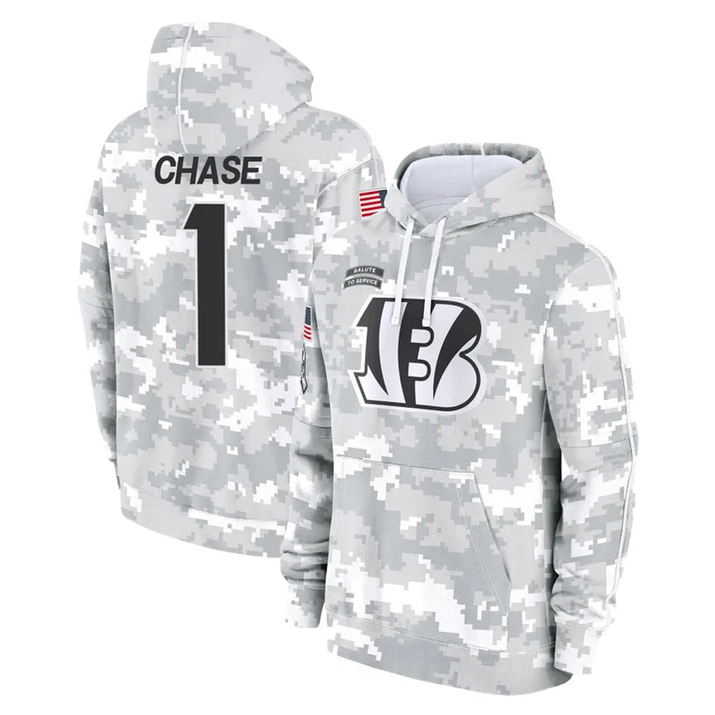 Tlead C.Bengals #1 Ja'Marr Chase Player Arctic Camo Salute to Service Pullover Hoodie Limited Stitched Jerseys
