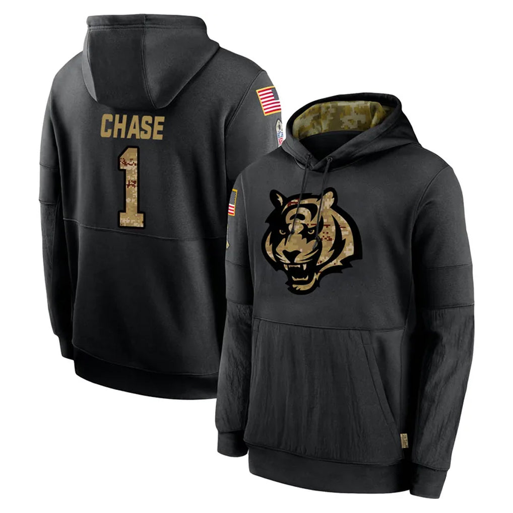 Tlead C.Bengals #1 Ja'Marr Chase Player Black Salute to Service Pullover Hoodies Limited Stitched Jerseys