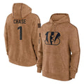 Tlead C.Bengals #1 Ja'Marr Chase Player Brown Salute to Service Pullover Hoodie Limited Stitched Jerseys