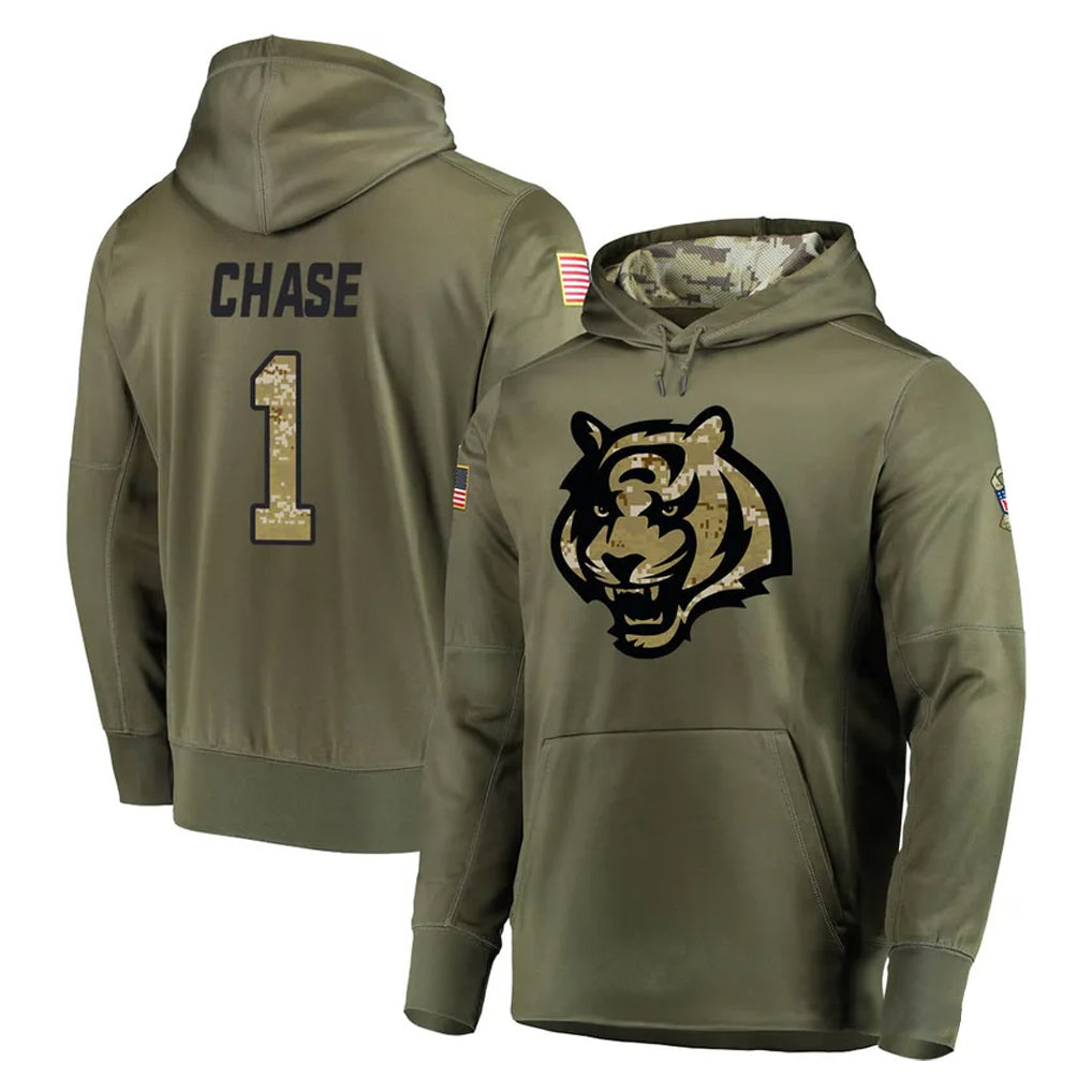 Tlead C.Bengals #1 Ja'Marr Chase Player Olive Salute to Service Pullover Hoodies Home Game Stitched Jerseys