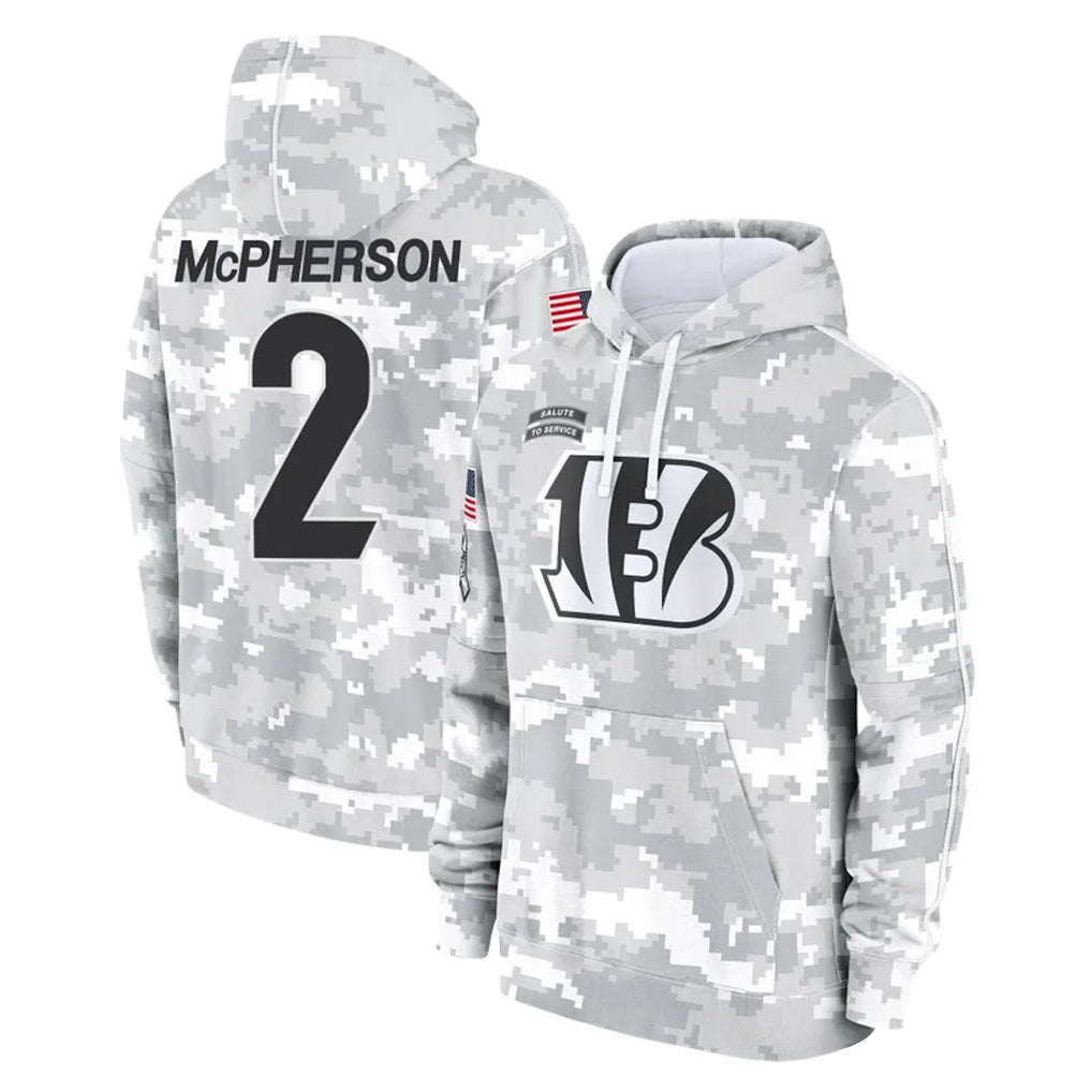 Tlead C.Bengals #2 Evan McPherson Player Arctic Camo Salute to Service Pullover Hoodie Limited Stitched Jerseys
