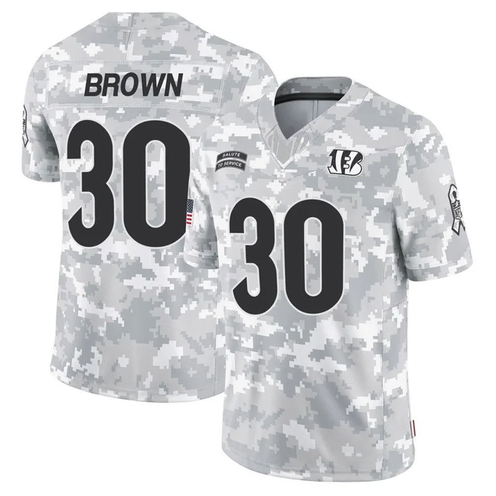 Tlead C.Bengals #30 Chase Brown Player Arctic Camo Salute to Service Limited Stitched Jerseys