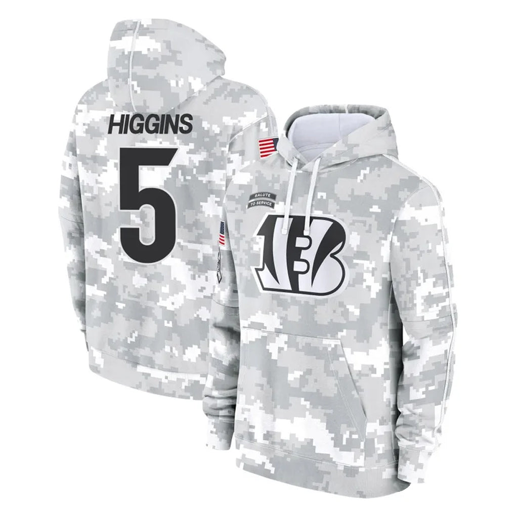 Tlead C.Bengals #5 Tee Higgins Player Arctic Camo Salute to Service Pullover Hoodie Limited Stitched Jerseys
