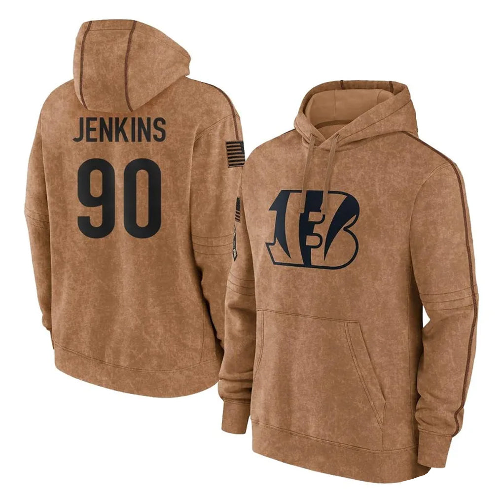 Tlead C.Bengals #90 Kris Jenkins Jr Player Brown Salute to Service Pullover Hoodie Limited Stitched Jerseys