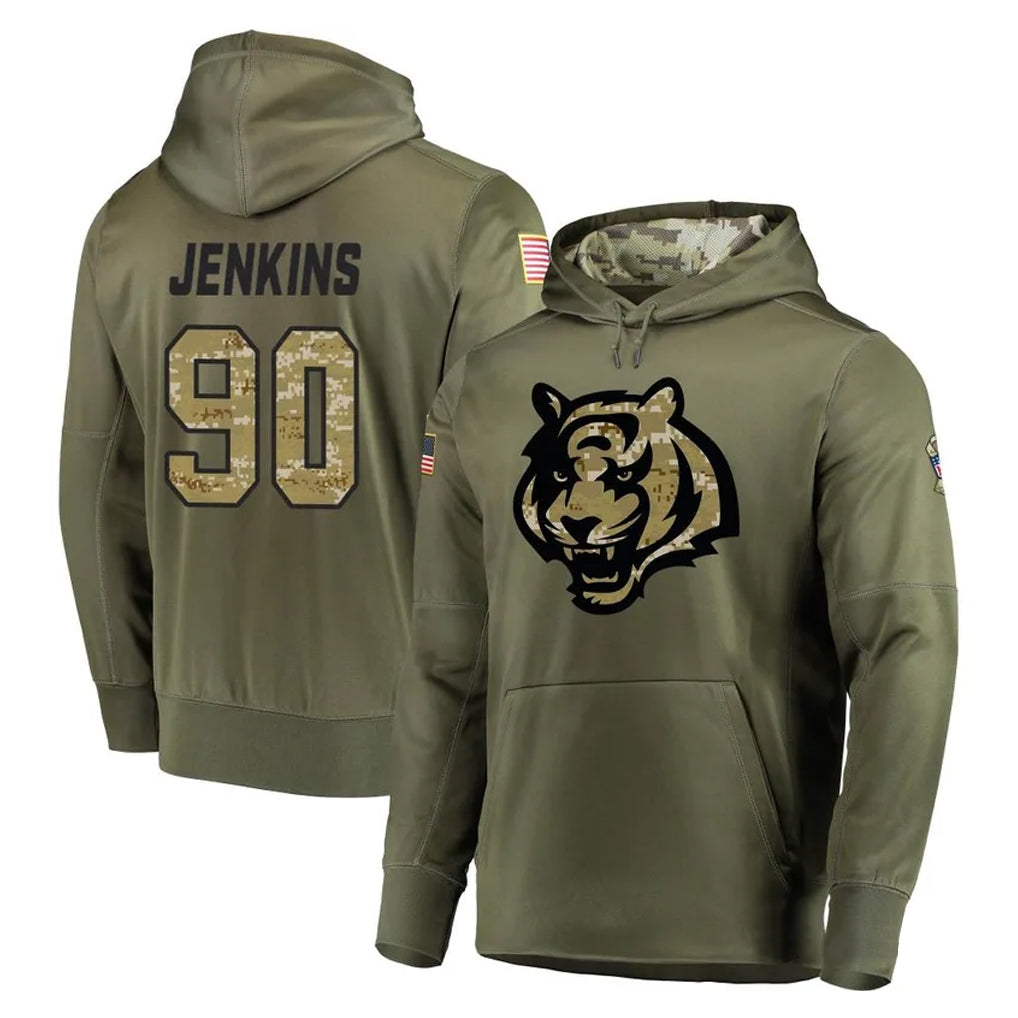 Tlead C.Bengals #90 Kris Jenkins Jr Player Olive Salute to Service Pullover Hoodies Home Game Stitched Jerseys