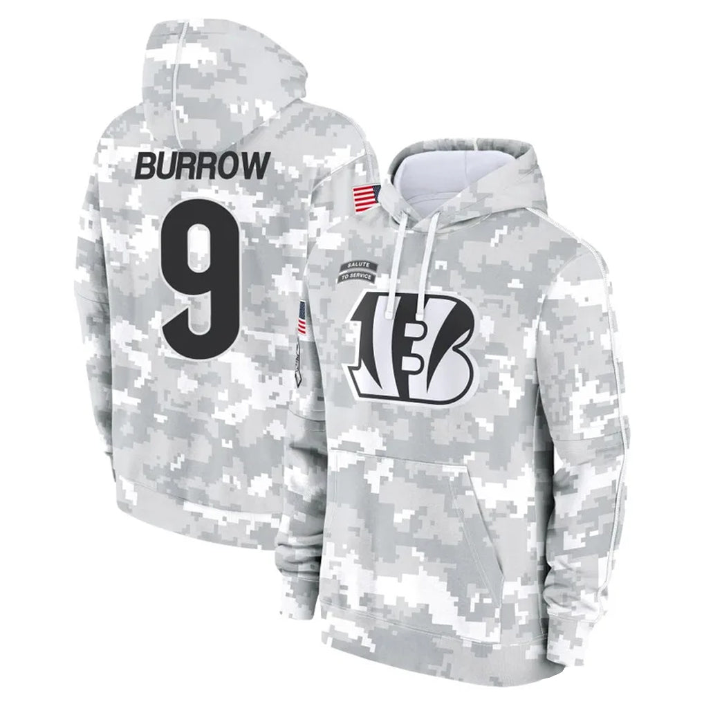 Tlead C.Bengals #9 Joe Burrow Player Arctic Camo Salute to Service Pullover Hoodie Stitched Jerseys