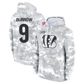Tlead C.Bengals #9 Joe Burrow Player Arctic Camo Salute to Service Pullover Hoodie Stitched Jerseys