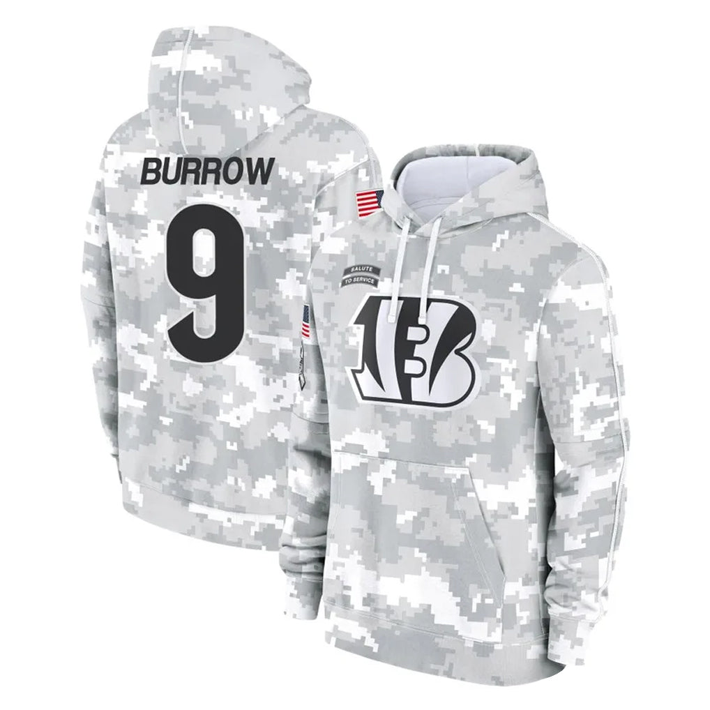 Tlead C.Bengals #9 Joe Burrow Player Arctic Camo Salute to Service Pullover Hoodie Limited Stitched Jerseys