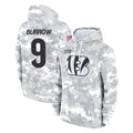 Tlead C.Bengals #9 Joe Burrow Player Arctic Camo Salute to Service Pullover Hoodie Limited Stitched Jerseys