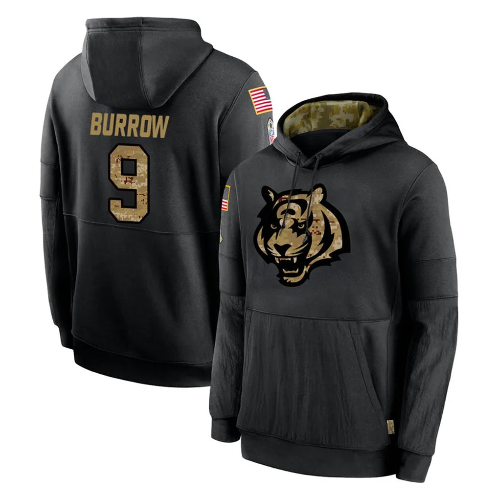 Tlead C.Bengals #9 Joe Burrow Player Black Salute to Service Pullover Hoodies Limited Stitched Jerseys