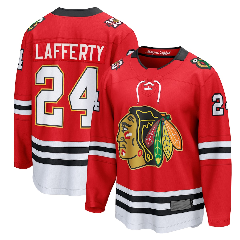 Tlead C.Blackhawks #24 Sam Lafferty Red Centennial Breakaway Player Jerseys
