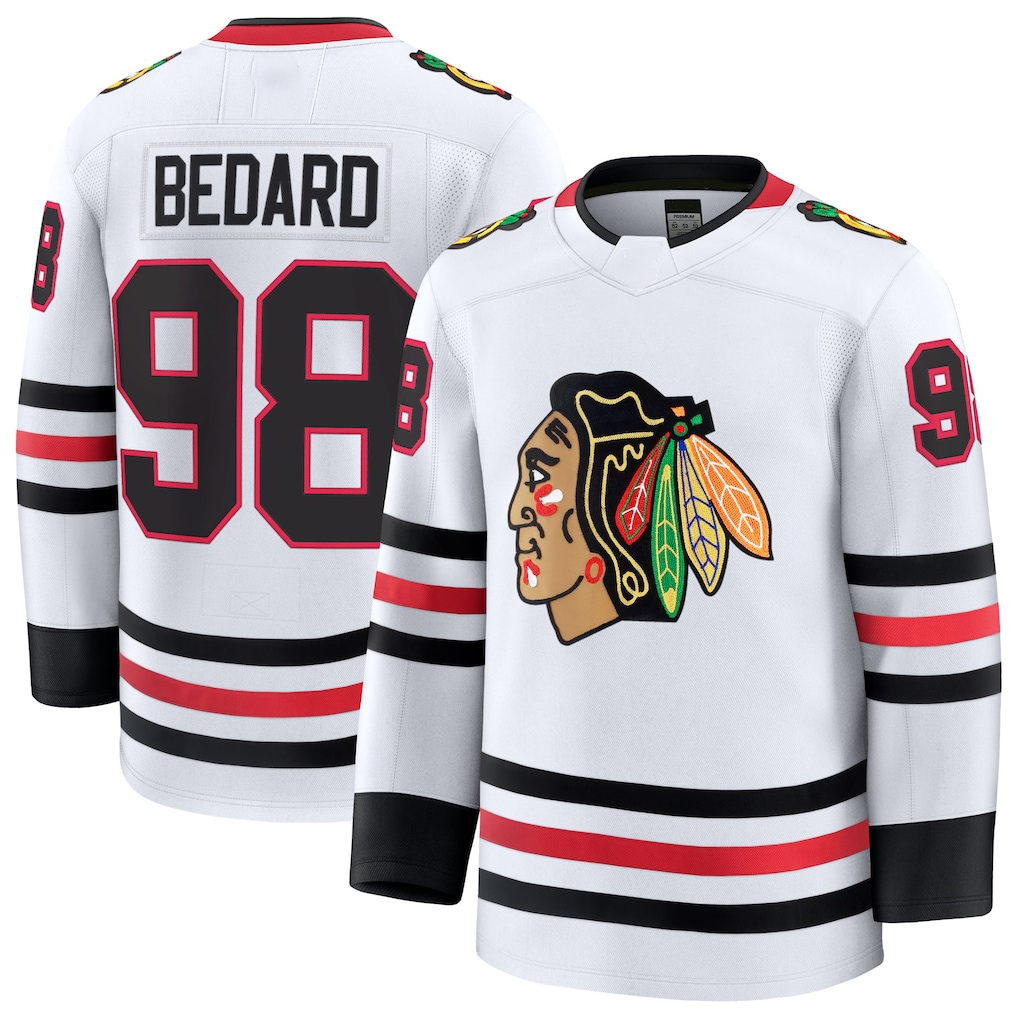 Tlead C.Blackhawks #98 Connor Bedard White Away Premium Jerseys