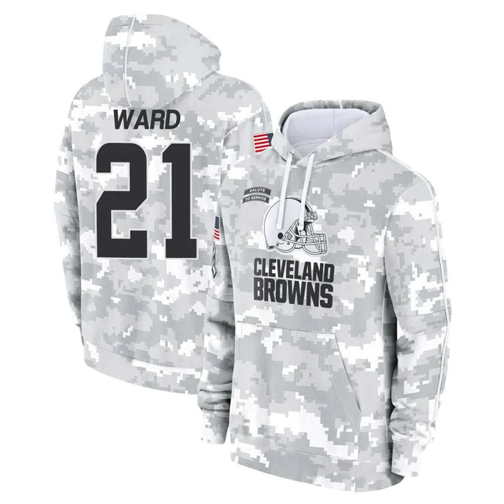 Tlead C.Browns #21 Denzel Ward Player Arctic Camo Salute to Service Hoodies Limited Game Stitched Jerseys