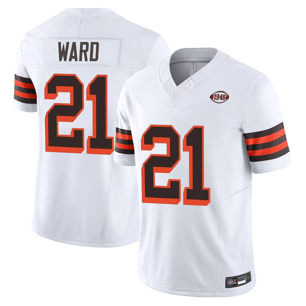 Tlead C.Browns #21 Denzel Ward Player White Limited Vapor F.U.S.E. Alternate Game Stitched Jerseys
