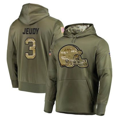 Tlead C.Browns #3 Jerry Jeudy Player Olive Salute to Service Pullover Hoodies Home Game Stitched Jerseys