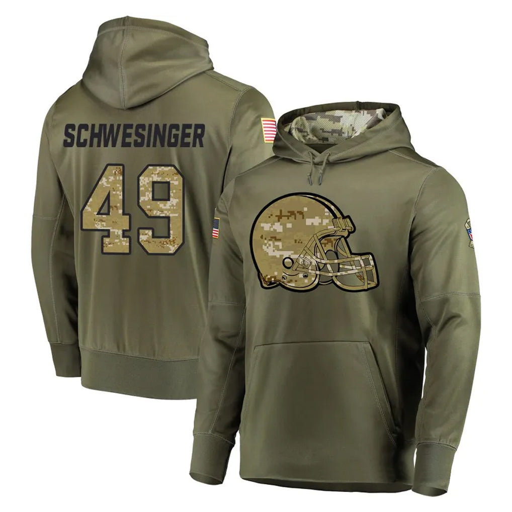 Tlead C.Browns #49 Carson Schwesinger Player Olive Salute to Service Pullover Hoodies Home Game Stitched Jerseys