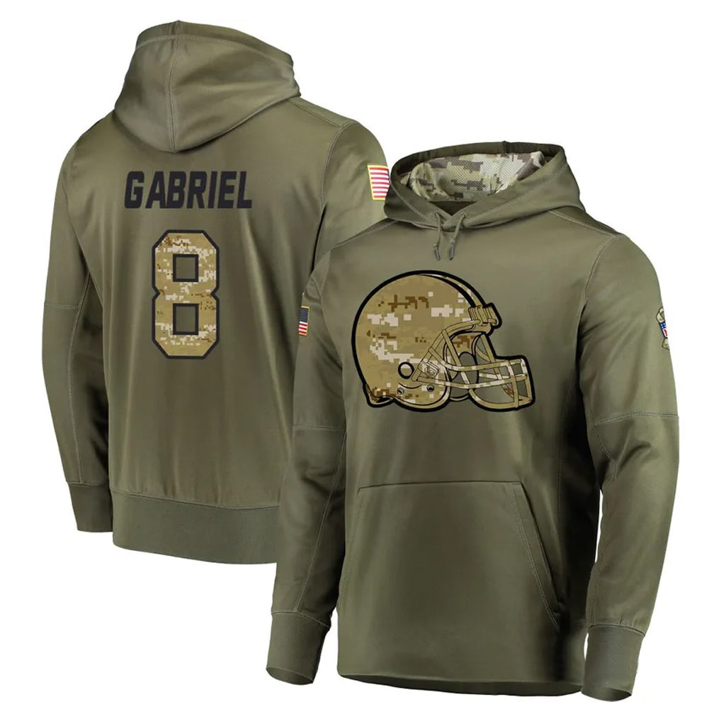 Tlead C.Browns #8 Dillon Gabriel Player Olive Salute to Service Pullover Hoodies Home Game Stitched Jerseys
