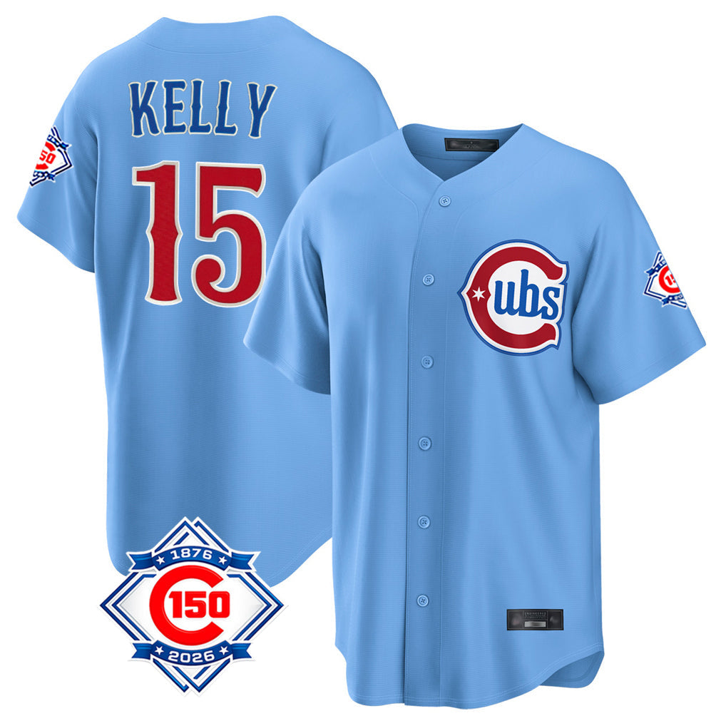 Tlead C.Cubs #15 Carson Kelly Player Light Blue 150th Anniversary Home Game Stitched Jerseys