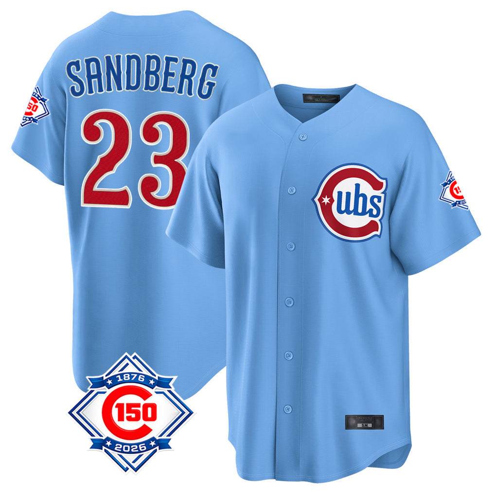 Tlead C.Cubs #23 Ryne Sandberg Player Light Blue 150th Anniversary Home Game Stitched Jerseys