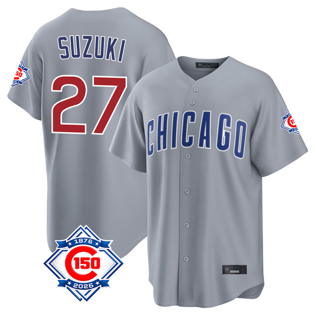 Tlead C.Cubs #27 Seiya Suzuki Player Gray 150th Anniversary Home Game Stitched Jerseys