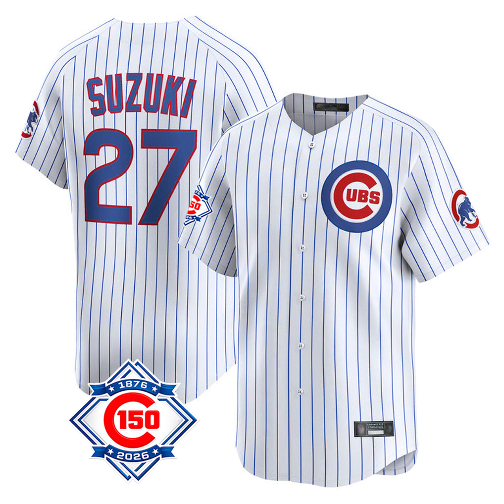Tlead C.Cubs #27 Seiya Suzuki Player White 150th Anniversary Limited Home Game Stitched Jerseys