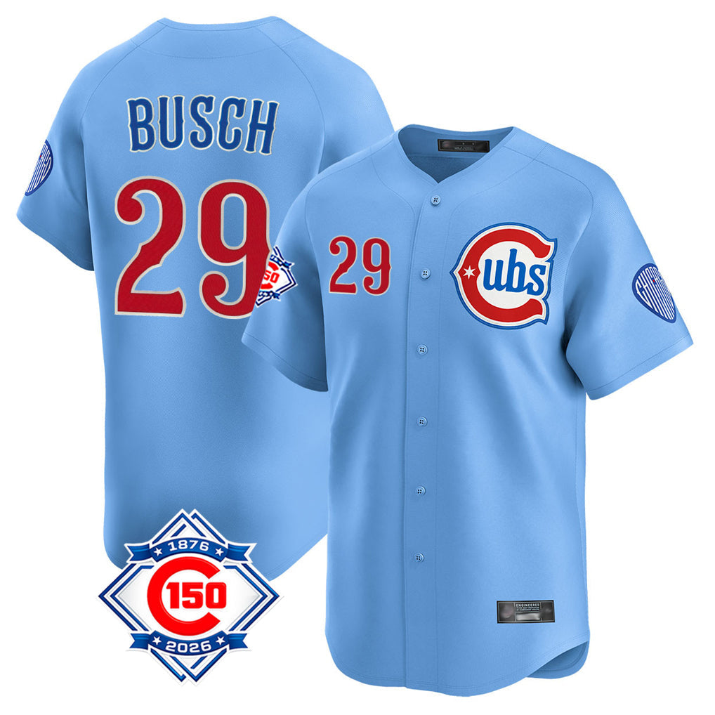 Tlead C.Cubs #29 Michael Busch Player Light Blue 150th Anniversary Limited Home Stitched Jerseys