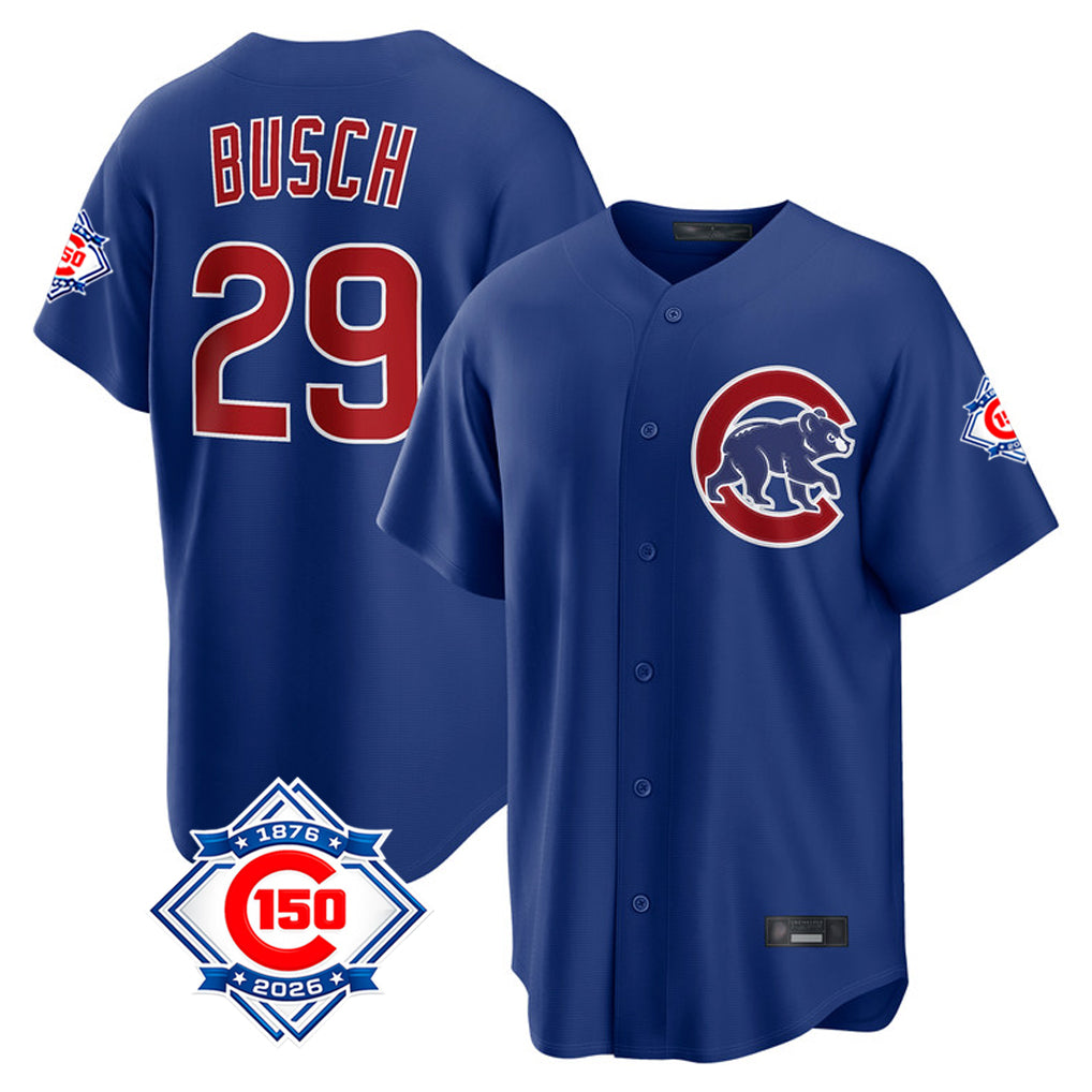 Tlead C.Cubs #29 Michael Busch Player Royal 150th Anniversary Home Game Stitched Jerseys