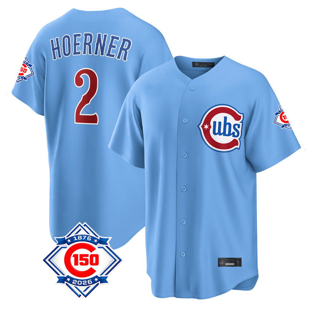 Tlead C.Cubs #2 Nico Hoerner Player Light Blue 150th Anniversary Home Game Stitched Jerseys