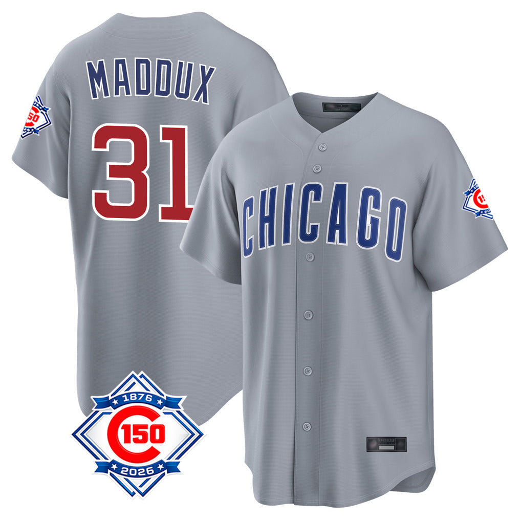 Tlead C.Cubs #31 Greg Maddux Player Gray 150th Anniversary Home Game Stitched Jerseys