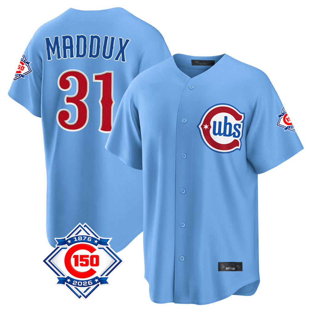 Tlead C.Cubs #31 Greg Maddux Player Light Blue 150th Anniversary Home Game Stitched Jerseys