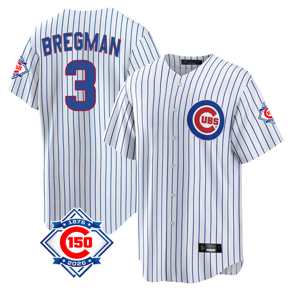 Tlead C.Cubs #3 Alex Bregman White 150th Anniversary Home Game Stitched Jerseys