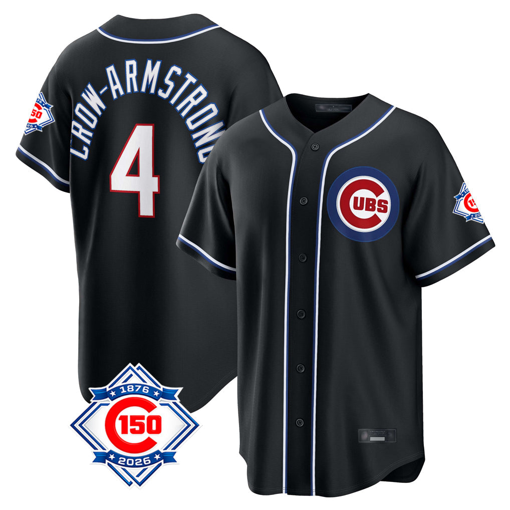 Tlead C.Cubs #4 Pete Crow-Armstrong Player Black Fashion Out 150th Anniversary Game Stitched Jerseys