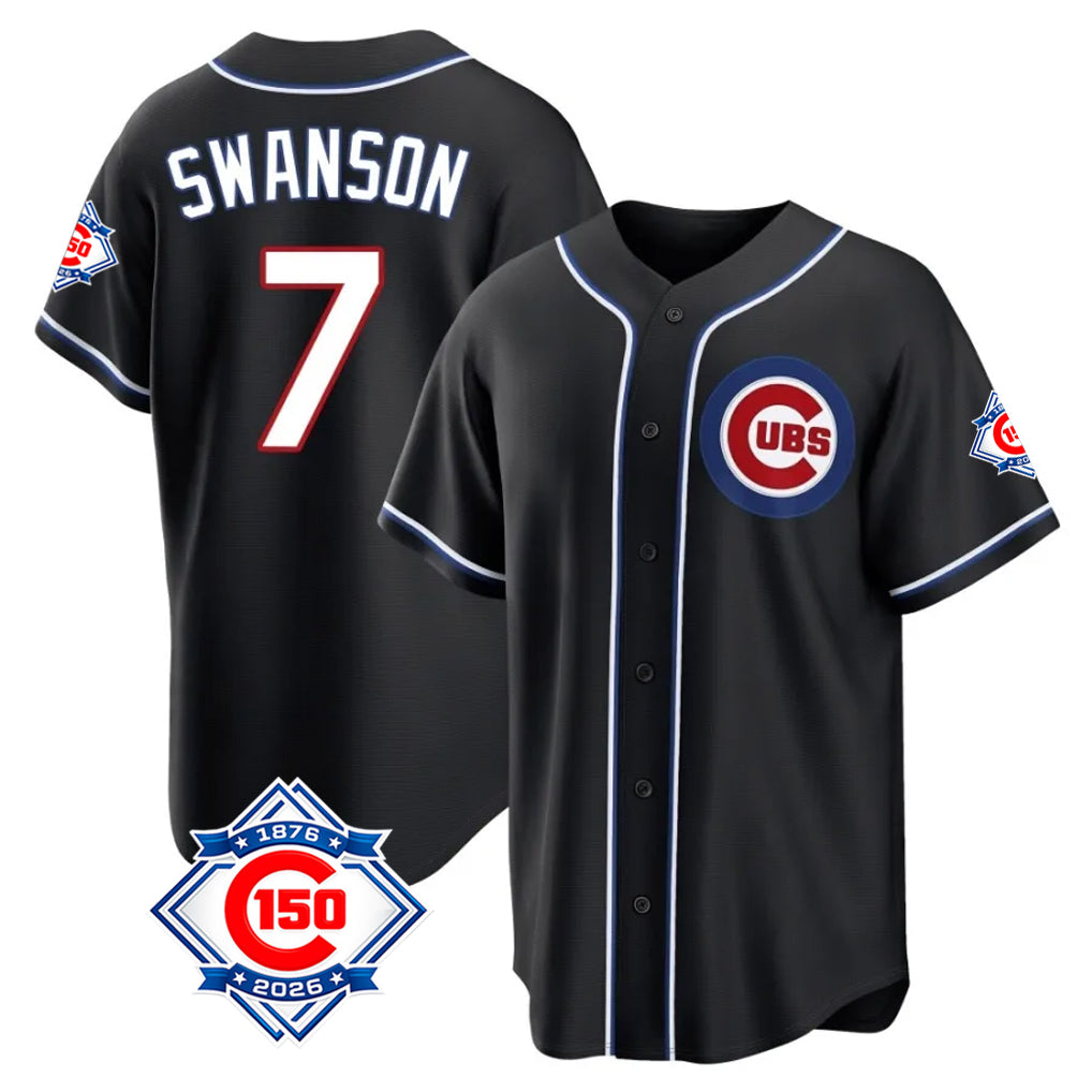 Tlead C.Cubs #7 Dansby Swanson Player Black Fashion Out 150th Anniversary Game Stitched Jerseys