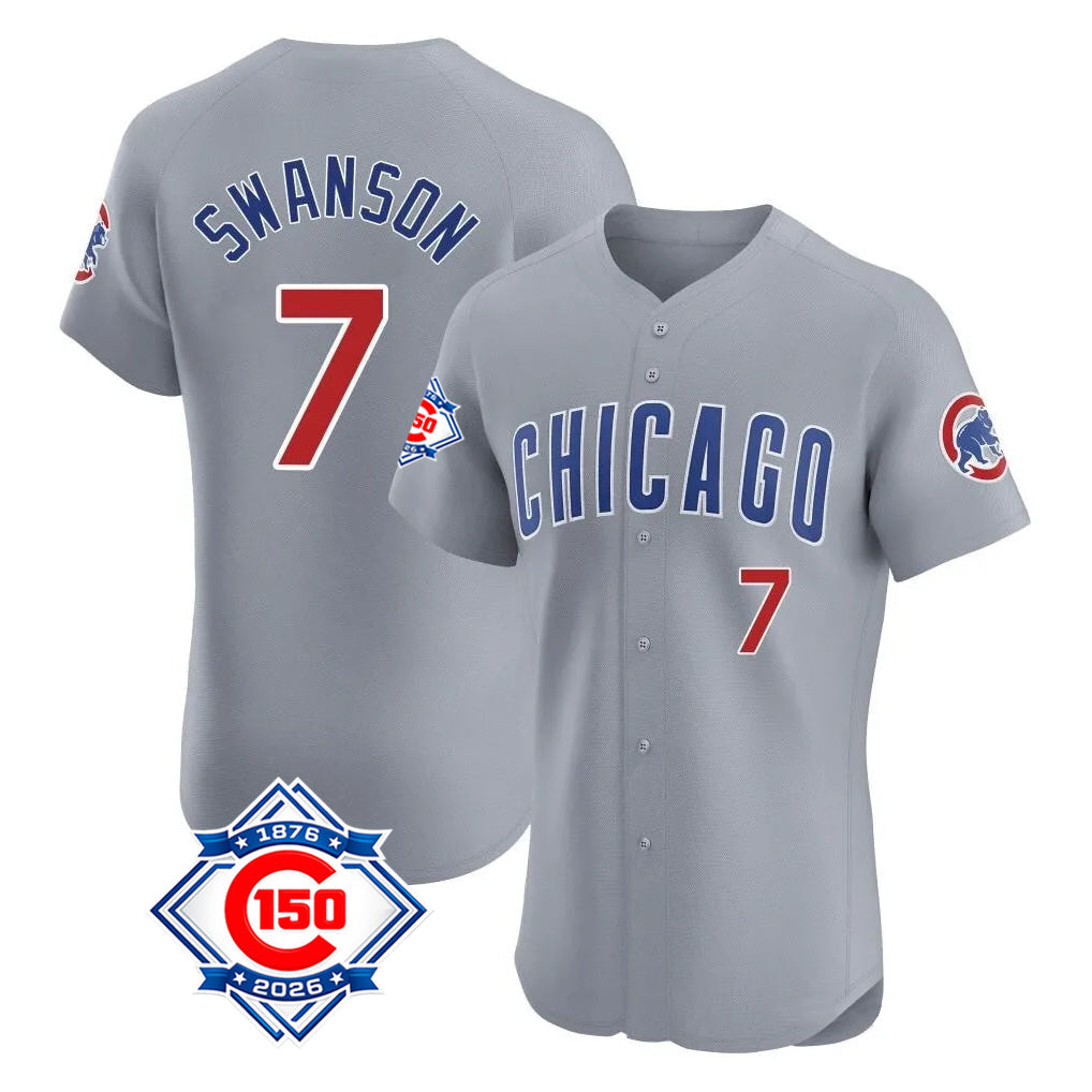Tlead C.Cubs #7 Dansby Swanson Player Gray Road 150th Anniversary Limited Elite Home Stitched Jerseys