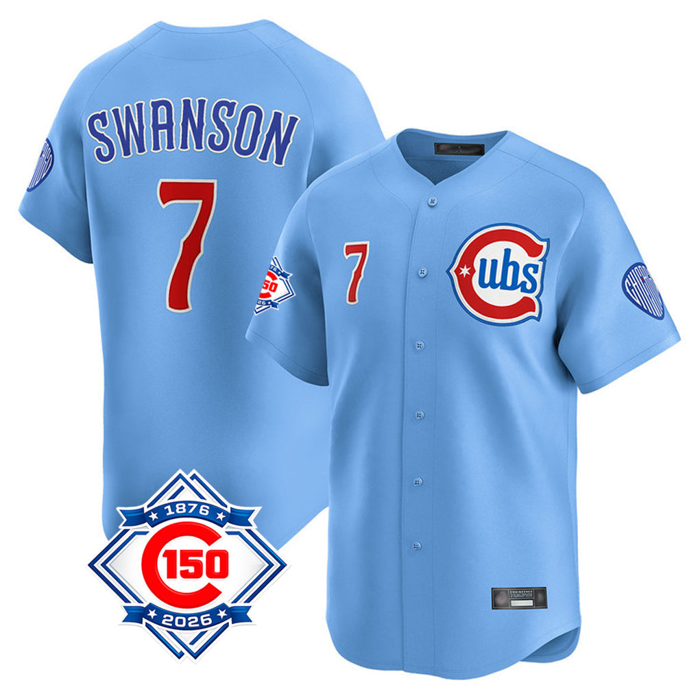 Tlead C.Cubs #7 Dansby Swanson Player Light Blue 150th Anniversary Limited Home Stitched Jerseys