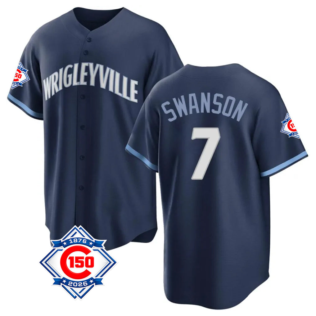 Tlead C.Cubs #7 Dansby Swanson Player Navy 150th Anniversary City Connect Home Game Stitched Jerseys