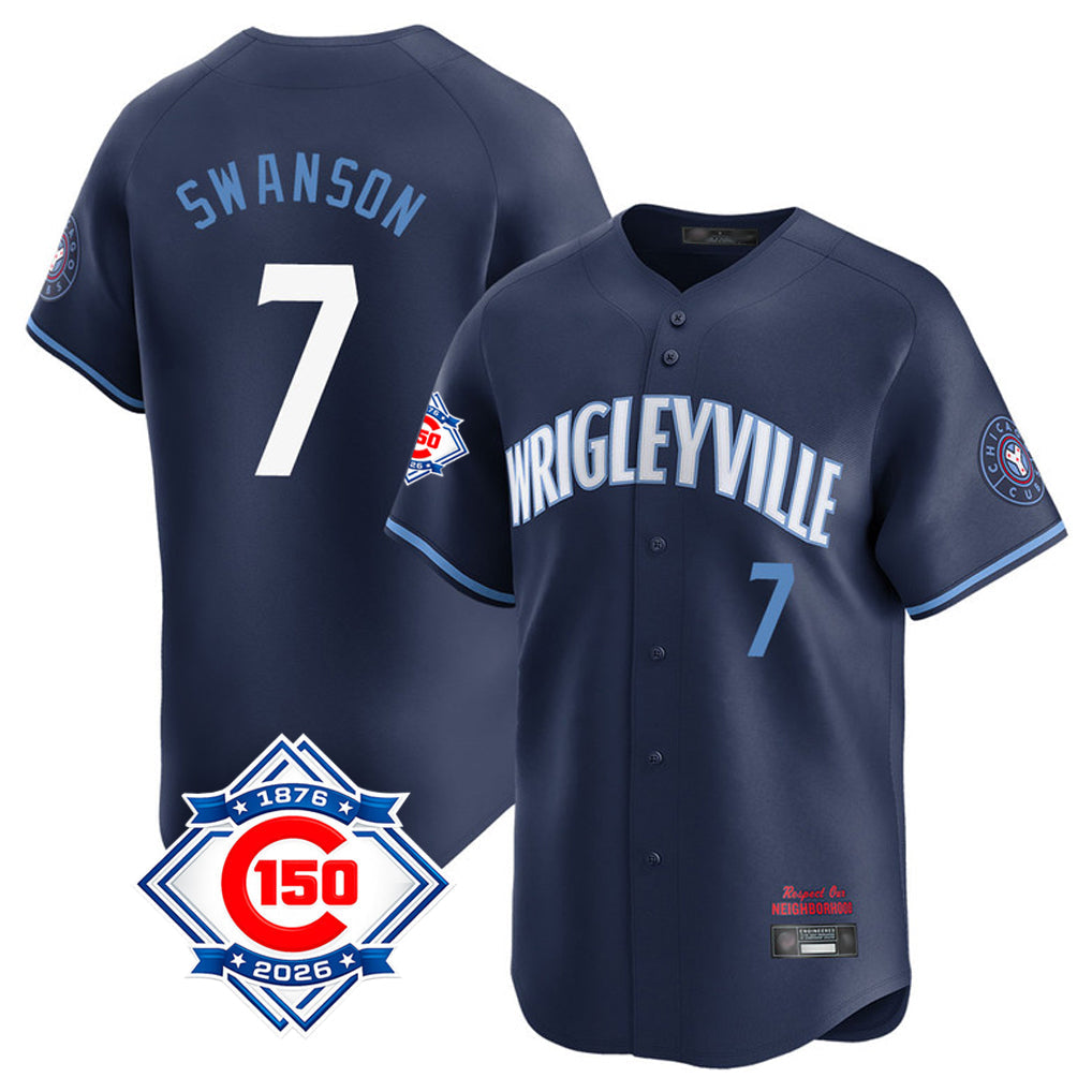 Tlead C.Cubs #7 Dansby Swanson Player Navy City Connect 150th Anniversary Limited Home Stitched Jerseys