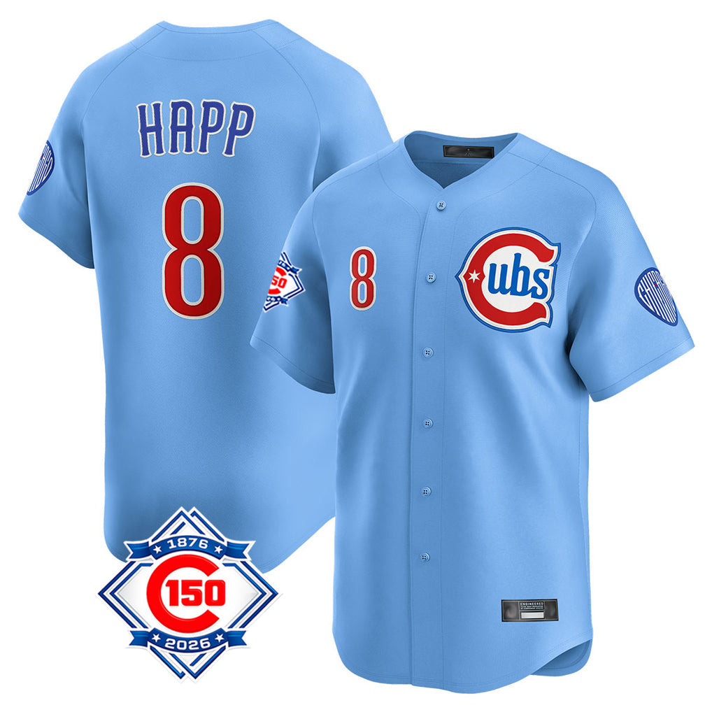 Tlead C.Cubs #8 Ian Happ Player Light Blue 150th Anniversary Limited Home Stitched Jerseys