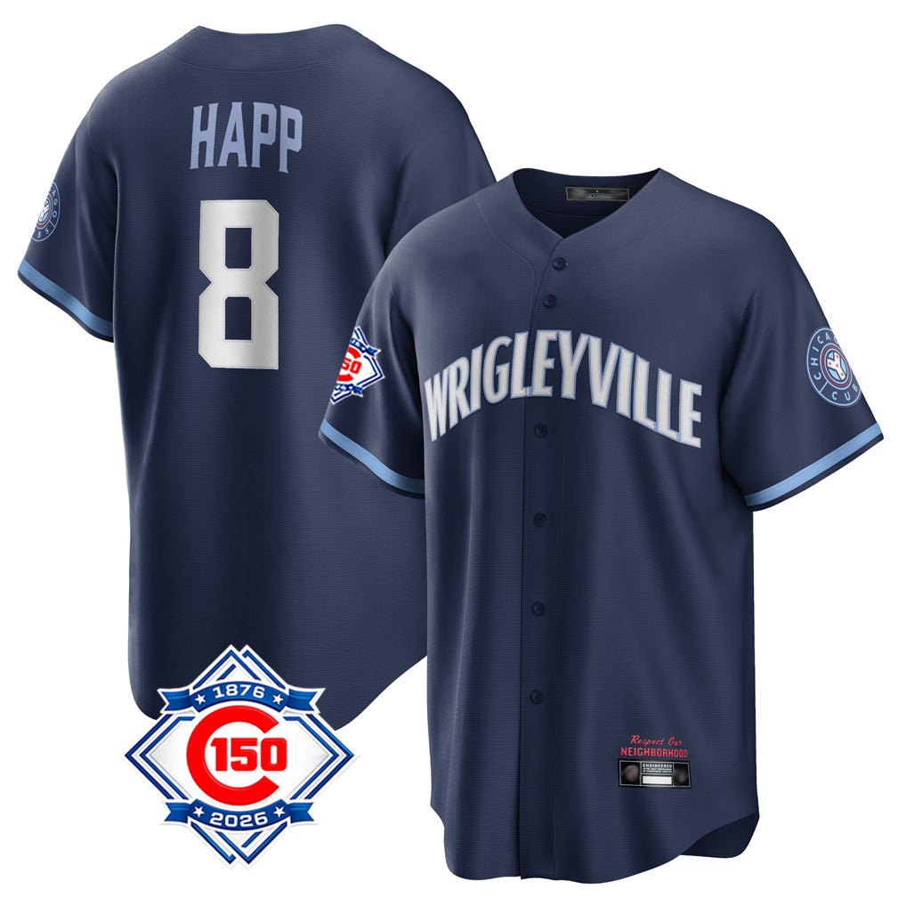 Tlead C.Cubs #8 Ian Happ Player Navy 150th Anniversary City Connect Home Game Stitched Jerseys