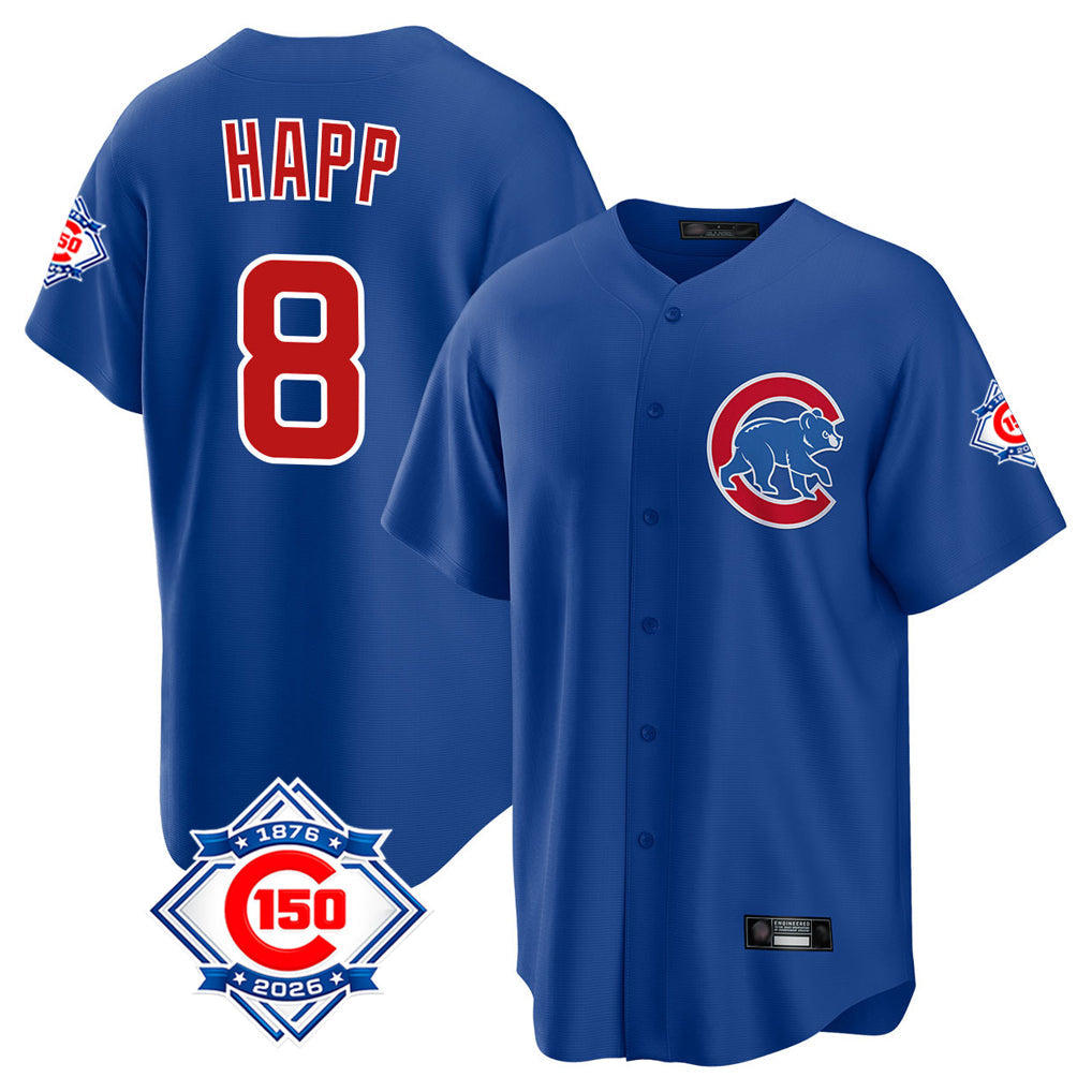 Tlead C.Cubs #8 Ian Happ Player Royal 150th Anniversary Home Game Stitched Jerseys