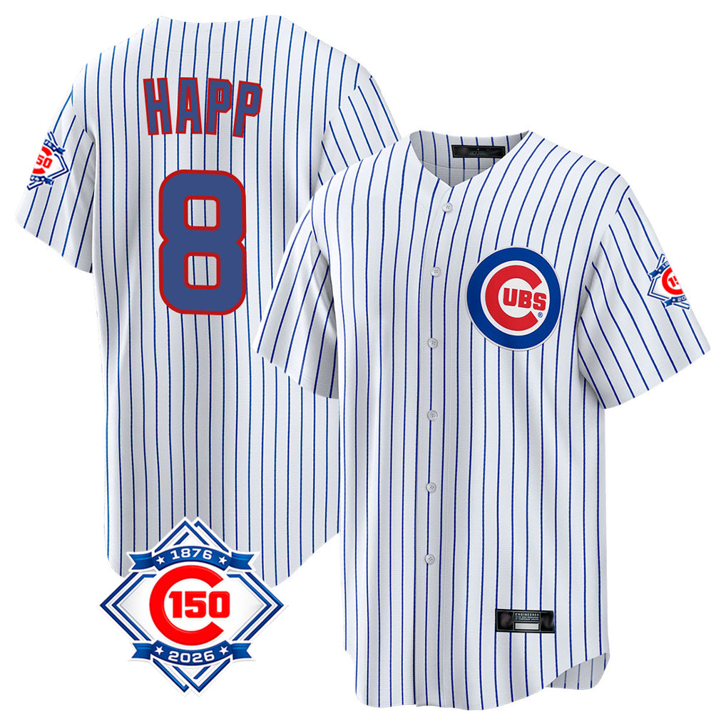 Tlead C.Cubs #8 Ian Happ Player White 150th Anniversary Home Game Stitched Jerseys