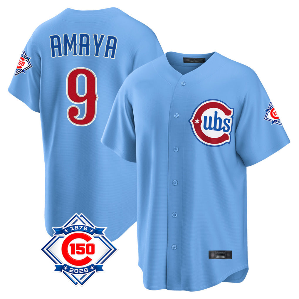 Tlead C.Cubs #9 Miguel Amaya Player Light Blue 150th Anniversary Home Game Stitched Jerseys