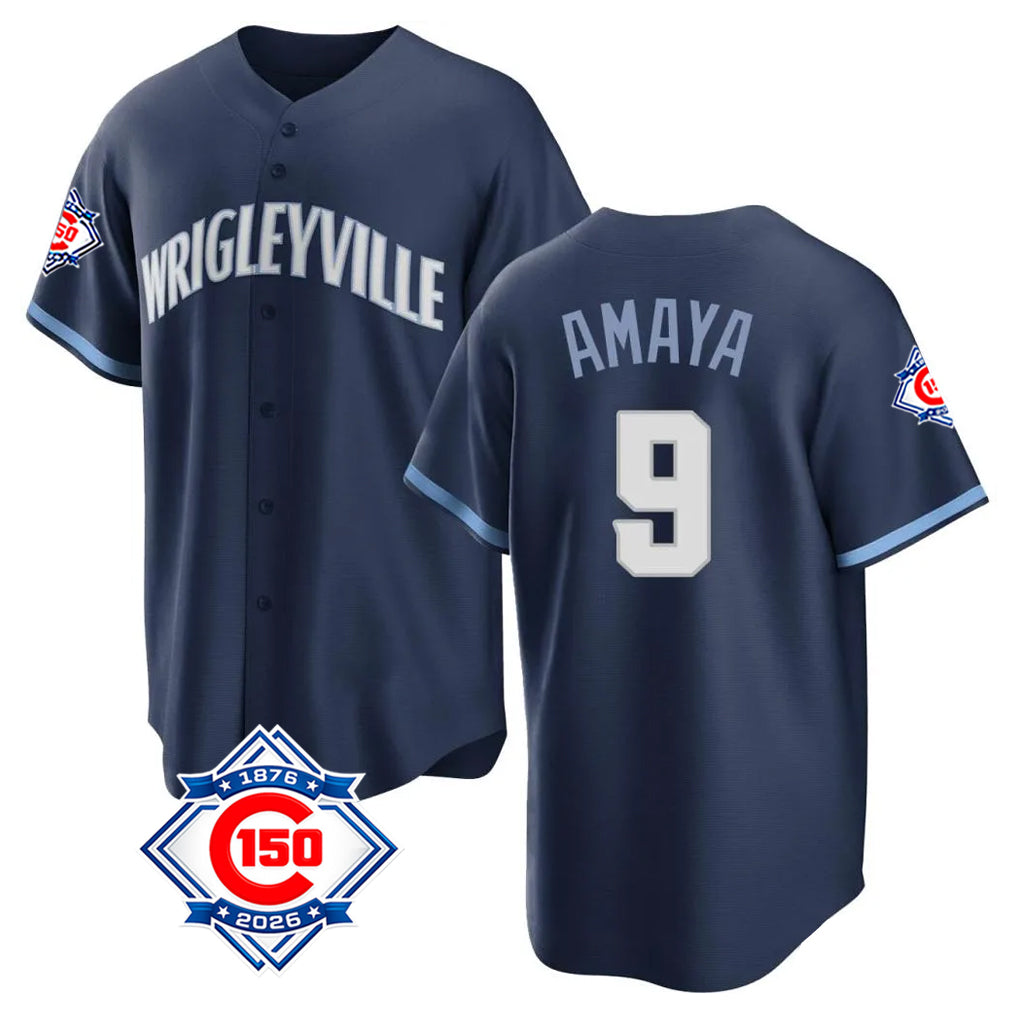 Tlead C.Cubs #9 Miguel Amaya Player Navy 150th Anniversary City Connect Home Game Stitched Jerseys