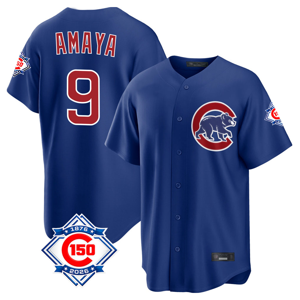 Tlead C.Cubs #9 Miguel Amaya Player Royal 150th Anniversary Home Game Stitched Jerseys