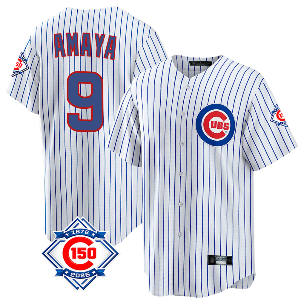 Tlead C.Cubs #9 Miguel Amaya Player White 150th Anniversary Home Game Stitched Jerseys