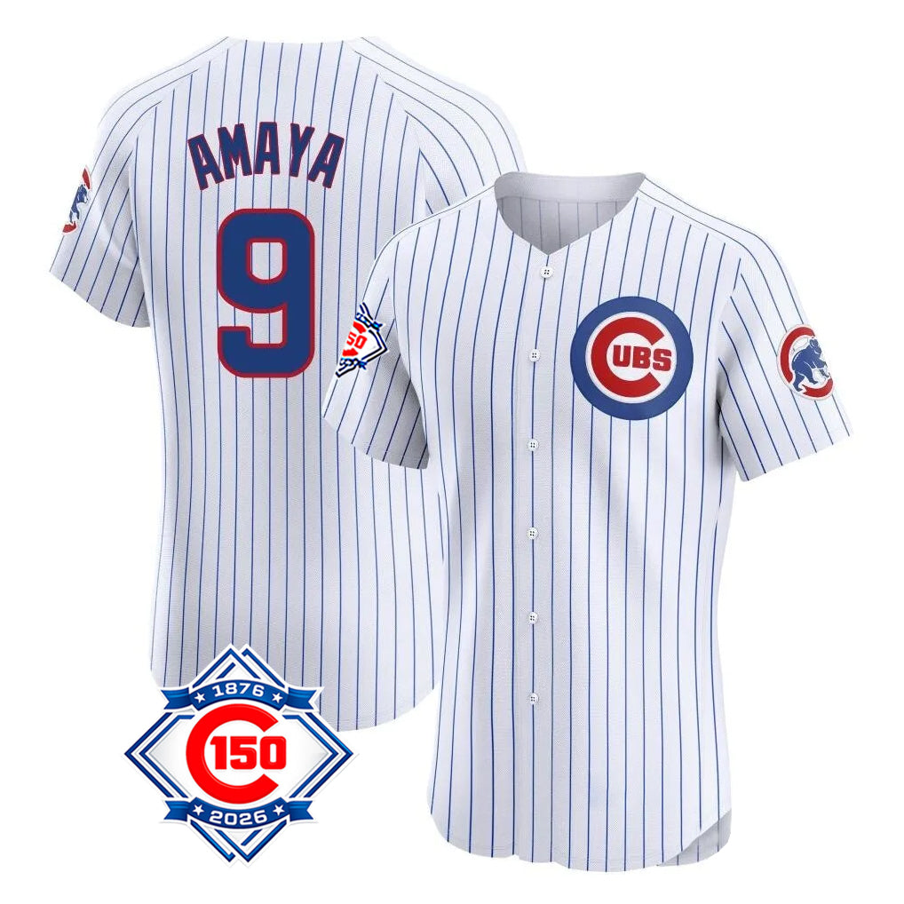 Tlead C.Cubs #9 Miguel Amaya Player White 150th Anniversary Limited Elite Home Game Stitched Jerseys