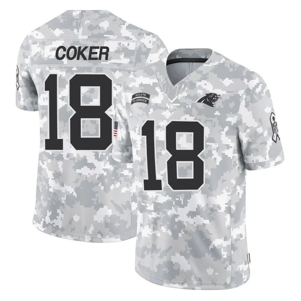 Tlead C.Panthers #18 Jalen Coker Player Arctic Camo Salute to Service Limited Game Stitched Jerseys