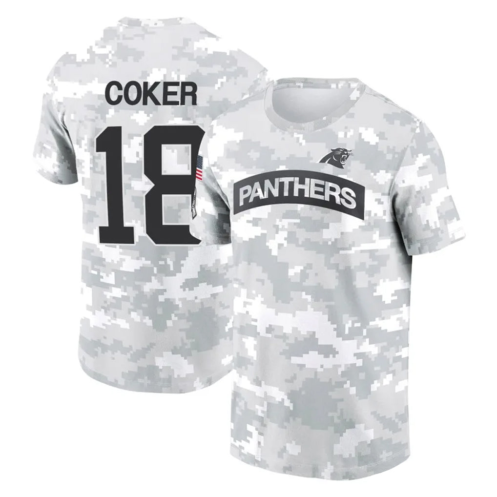 Tlead C.Panthers #18 Jalen Coker Player Arctic Camo Salute to Service T-Shirt Hoodies Stitched Jerseys