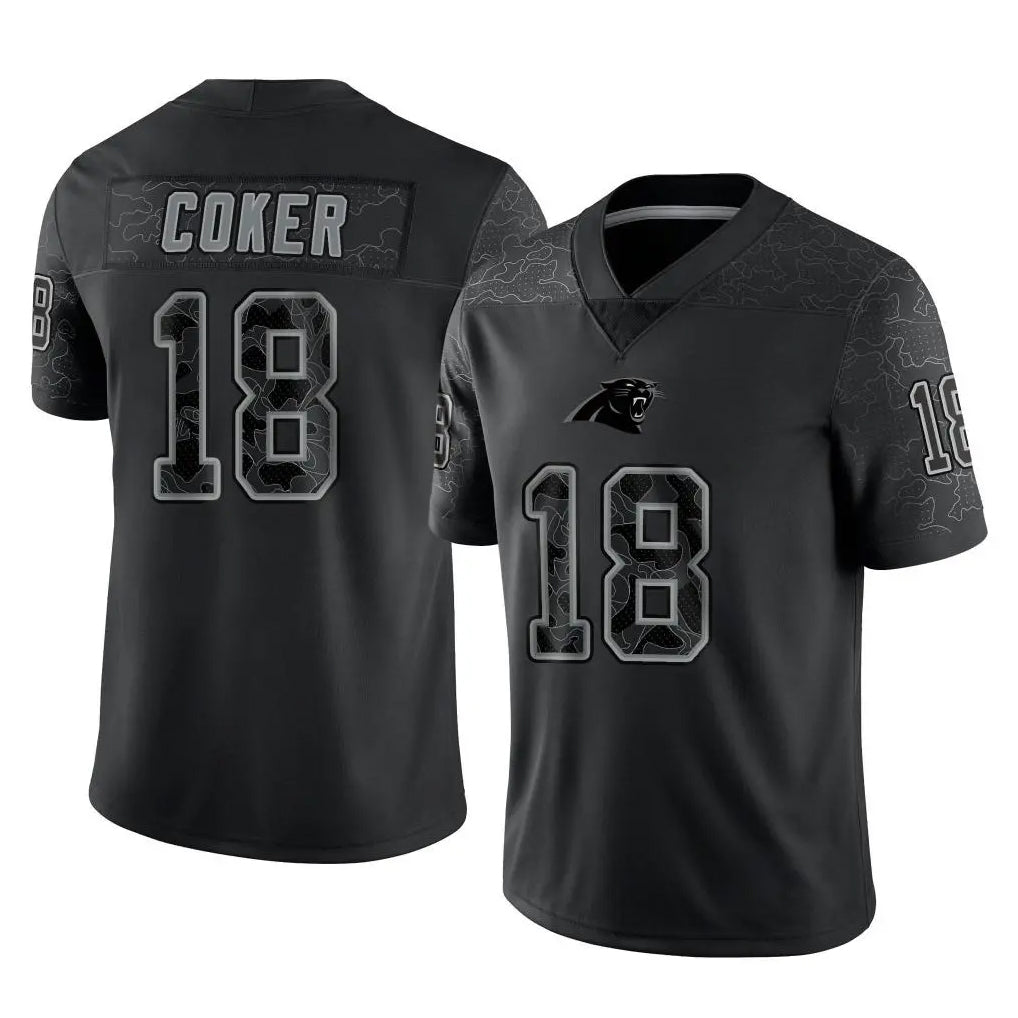 Tlead C.Panthers #18 Jalen Coker Player Black Limited Reflective Game Stitched Jerseys