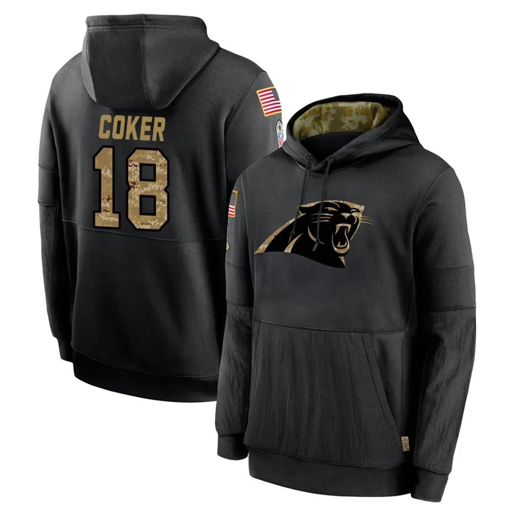 Tlead C.Panthers #18 Jalen Coker Player Black Salute to Service Pullover Hoodies Limited Game Stitched Jerseys
